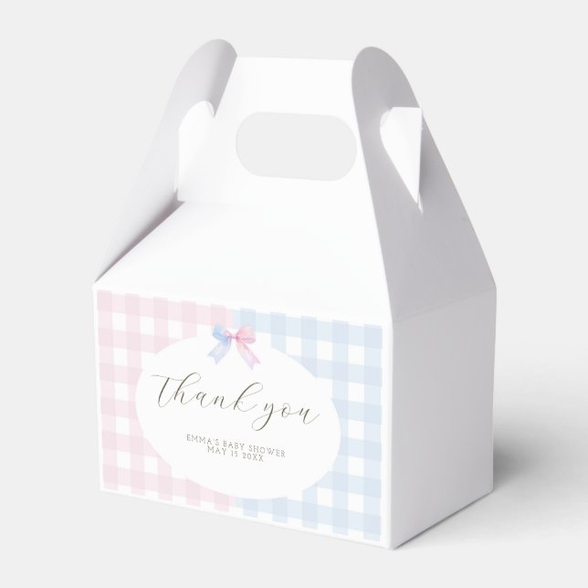 Blauer oder rosa Gingham-Babydusche Geschenkschachtel (Vorderseite)