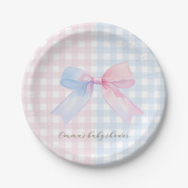 Blauer oder rosa Gingham Bow Gender Reveal Baby Sh Pappteller