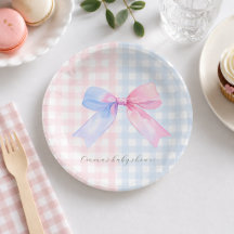 Blauer oder rosa Gingham Bow Gender Reveal Baby Sh