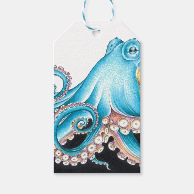Blauer Oktopus auf weißem Tinte Geschenkanhänger (Vorderseite)