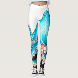 Blauer Oktopus auf weißem Tinte Leggings