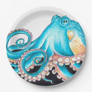 Blauer Oktopus auf weißem Tinte Pappteller