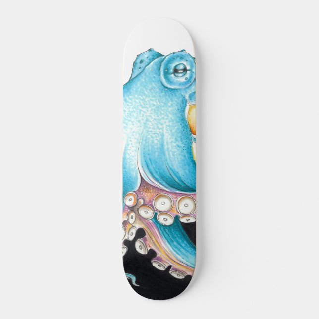 Blauer Oktopus auf weißem Tinte Skateboard (Vorderseite)