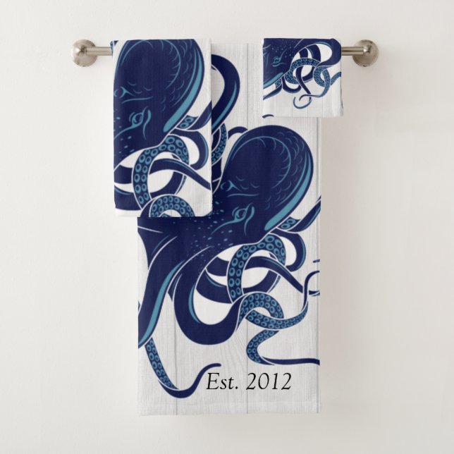 Blauer Oktopus Küste Weißes Holz Badhandtuch Set (Insitu)