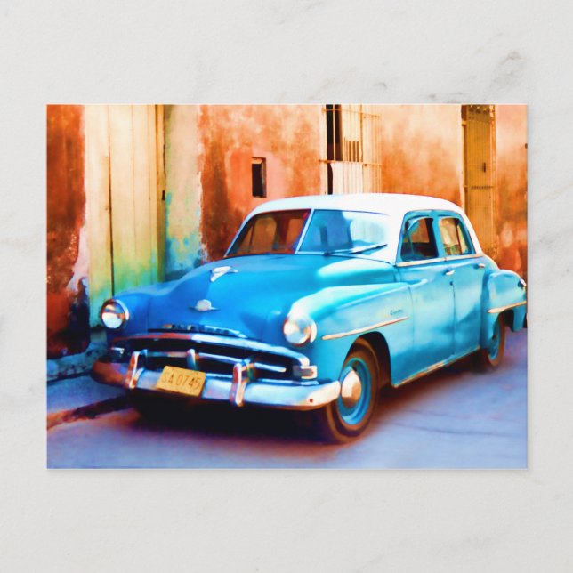 Blauer Oldtimer auf Kuba Postkarte (Vorderseite)