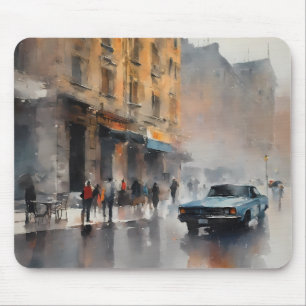Blauer Oldtimer in nebliger Stadtlandschaft Mousepad