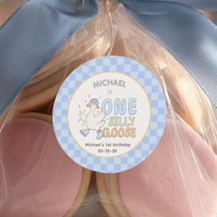 Blauer One Silly Goose-Junge zum ersten Geburtstag Runder Aufkleber
