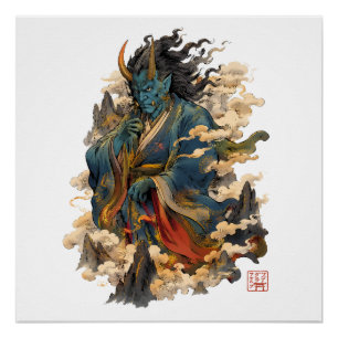 Blauer Oni-Dämonenkrieger Japanische Yokai-Mytho Poster