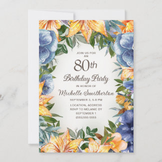 Blauer Orange Floral 80. Geburtstag Einladung
