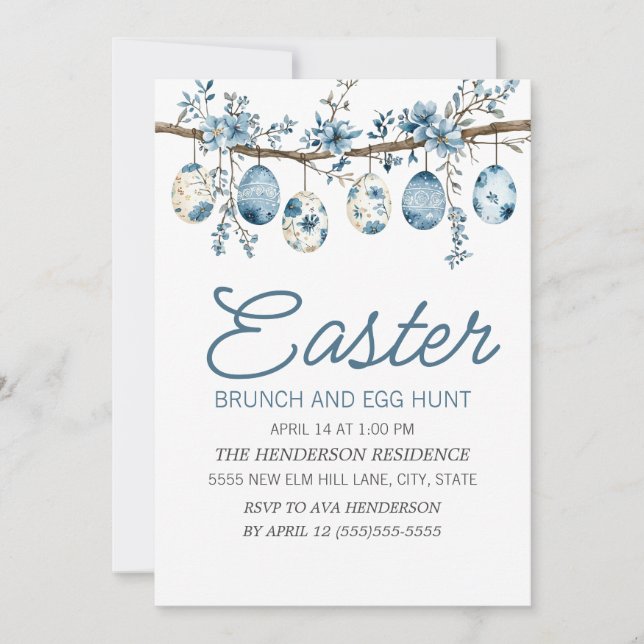 Blauer Ostereier-Such-Brunch Einladung (Vorderseite)