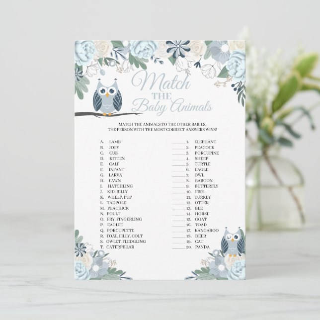 Blauer Owl Blütenmuster passt zur Spielkarte für B Einladung (Stehend Vorderseite)