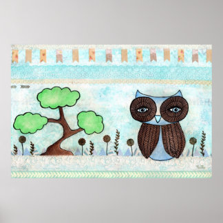 Blauer Owl & Lace Mixed Media Painting Poster