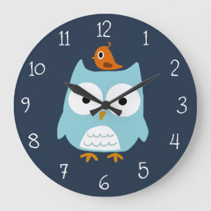Blauer Owl und Niedlicher Orangenvogel Große Wanduhr