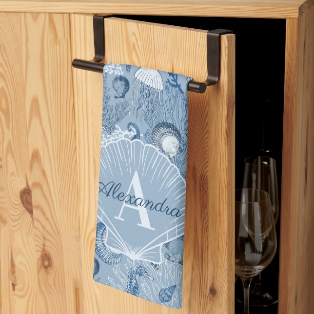 Blauer-Ozean-Meeresleben-Monogramm-Küchenhandtuch Geschirrtuch (Drittel gefaltet)