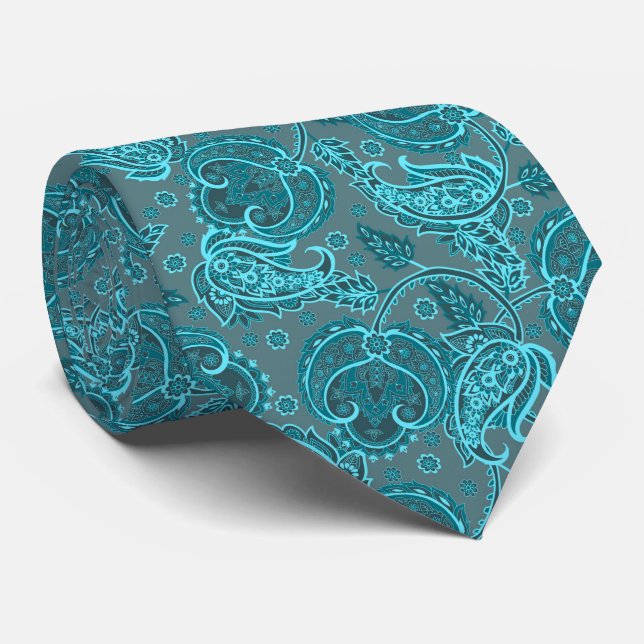 Blauer Paisley-Damasken-Blumenmuster-Ethno-Muster Krawatte (Gerollt)