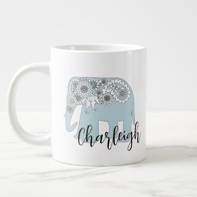 Blauer Paisley-Elefant Boho Chic Jumbo-Tasse (Links)