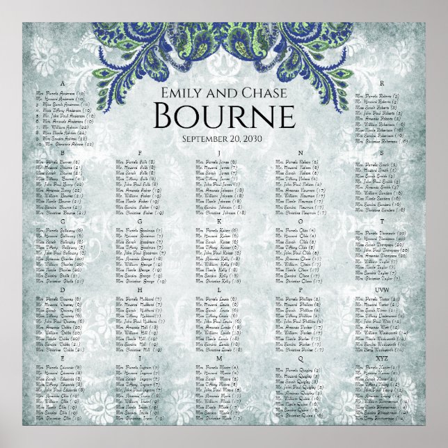 Blauer Paisley-Pfau-Farbempfangs-Sitzplan Poster (Vorne)