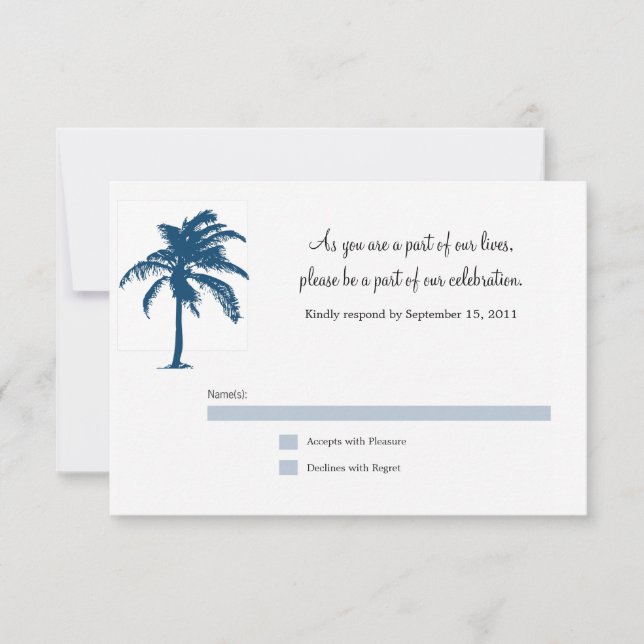 Blauer Palm Tree Hochzeitskarte RSVP (Vorderseite)