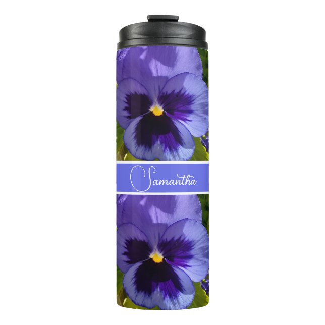 Blauer Pansy Blume Blumenmuster Frauen Name Thermosbecher (Vorderseite)