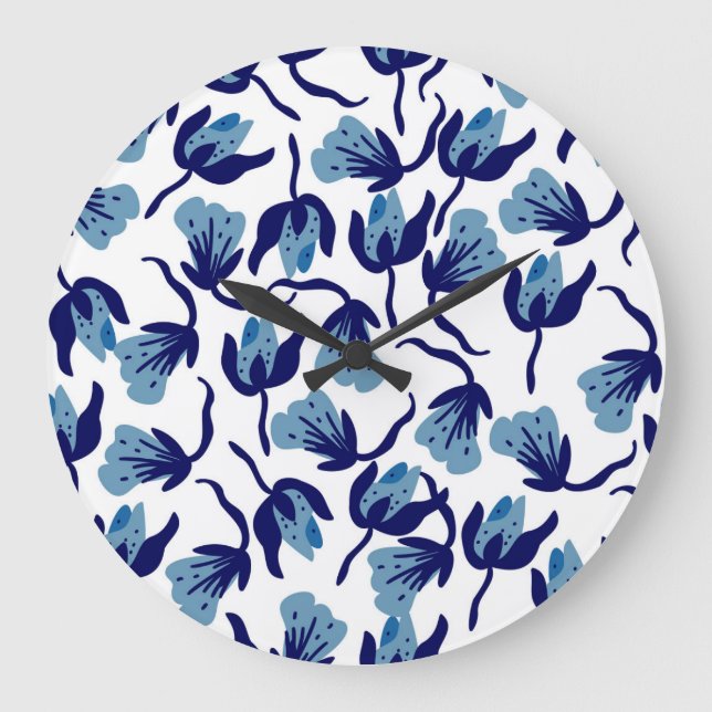 Blauer Pansy Floral: Hand Gezeichnet Nahtlos. Große Wanduhr (Vorderseite)