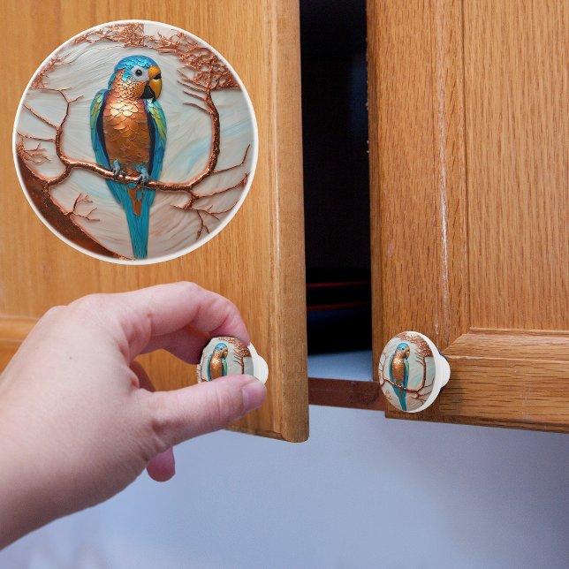 Blauer Papagei auf Kupferzweig Keramikknauf (Von Creator hochgeladen)