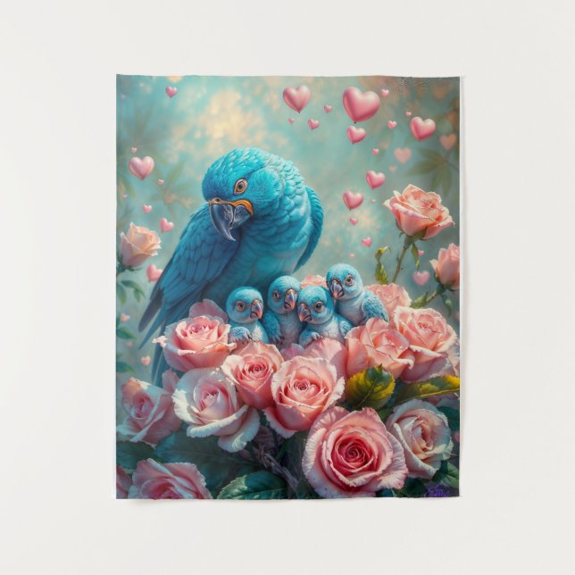 Blauer Papagei und Babys Wandteppich (Vorderseite)