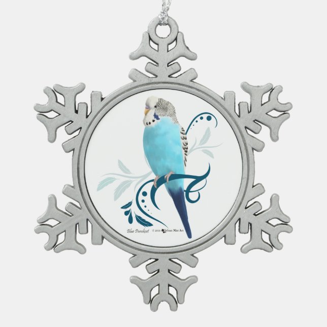 Blauer Parakeet Schneeflocken Zinn-Ornament (Vorderseite)