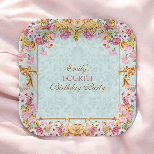 Blauer Pastell Gold Vierter Barock Rokoko Geburtst Pappteller (Von Creator hochgeladen)