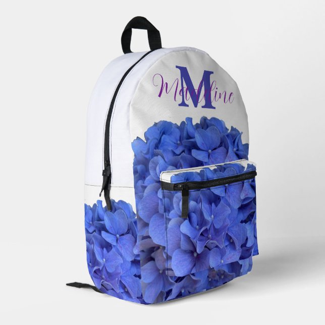 Blauer Perwinkl, elegantes Blumenhydrangeas Monogr Bedruckter Rucksack (Rückseitige Ecke links)