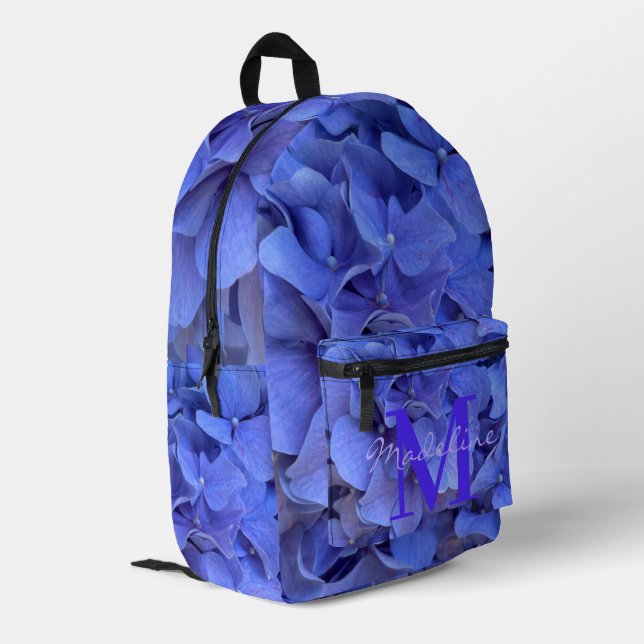 Blauer Perwinkl, elegantes Blumenhydrangeas Monogr Bedruckter Rucksack (Rückseitige Ecke links)