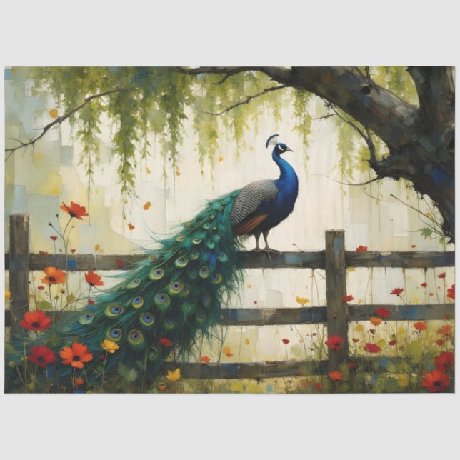 Blauer Pfau auf Split-Rail-Zaun Seidenpapier (Vorderseite)