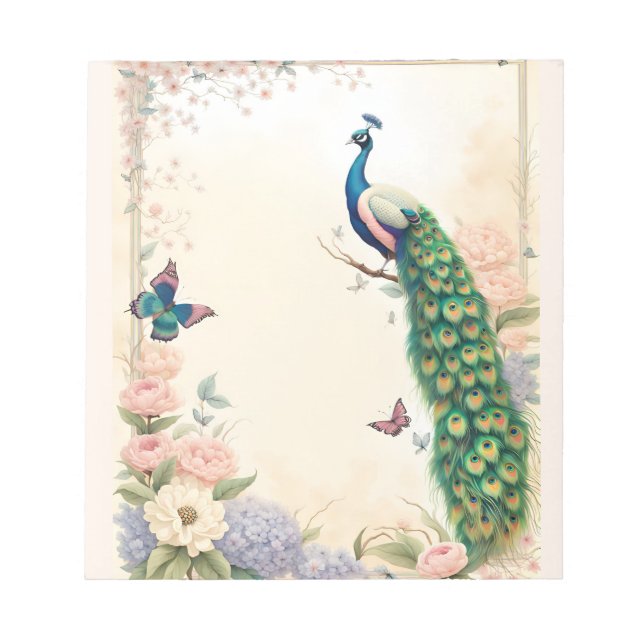 Blauer Pfau im Blumengarten Pasta II Notizblock (Vorderseite)