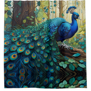 Blauer Pfau im Wald Duschvorhang