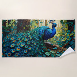Blauer Pfau im Wald Strandtuch