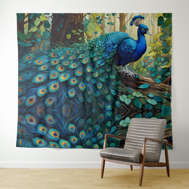 Blauer Pfau im Wald Wandteppich (Beispiel (Horizontal))