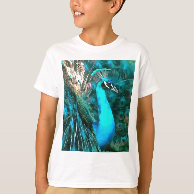 Blauer Pfau in lebendigem Blau mit gefangenen Schw T-Shirt (Vorderseite)
