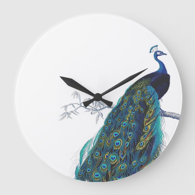 Blauer Pfau mit schönen Schwanzfedern Große Wanduhr (Vorderseite)