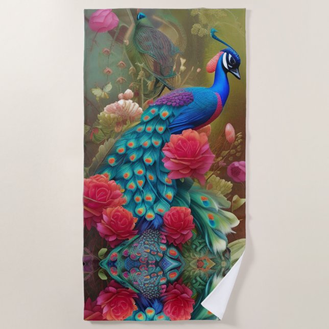 Blauer Pfau, Rosengarten Strandtuch (Vorderseite)