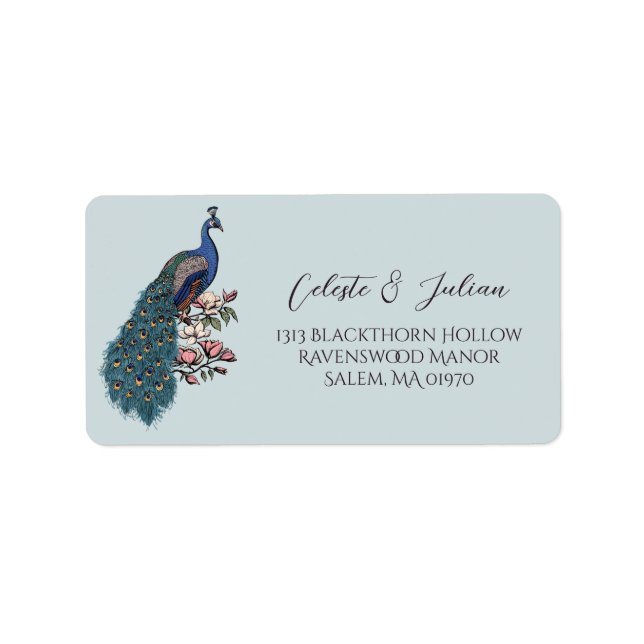 Blauer Pfau Rücksendeadresse mit Blumenmuster Adressaufkleber (Vorne)
