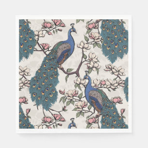 Blauer Pfau und Magnolia Elfenbein Serviette