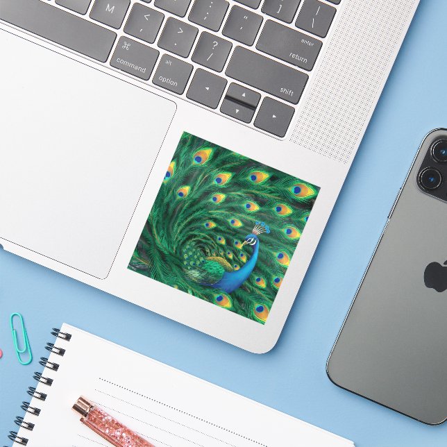 Blauer Pfauen Vogel Aufkleber (Laptop mit iPhone)