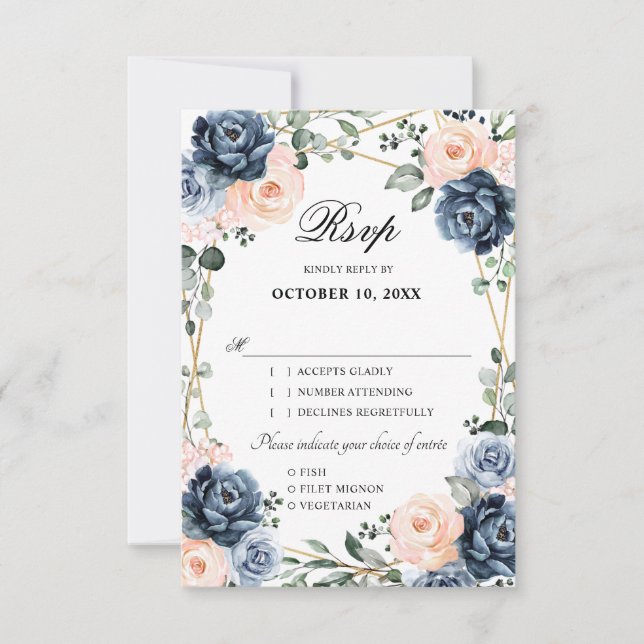 Blauer Pfirsichblutdruck Geometric Floral Wedding  RSVP Karte (Vorderseite)