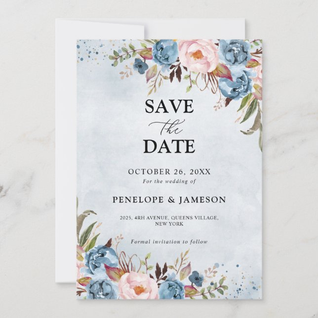Blauer Pfirsichblüte Botanische Blumenhochzeit Sa Save The Date (Vorderseite)