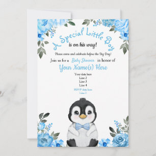Blauer Pinguin Baby Dusche Einladung Blumen