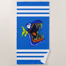 Blauer Piranha Fisch auf blau und weiß gestreift Strandtuch