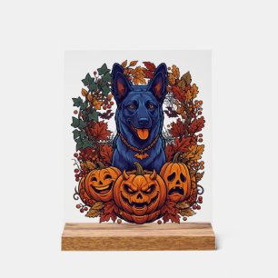 Blauer Pitbull Halloween Kürbisse Herbstlaub Flede Acrylschild