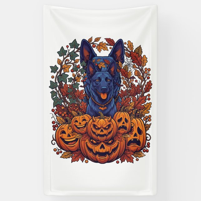 Blauer Pitbull Halloween Kürbisse Herbstlaub Flede Banner (Vertikal)
