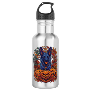 Blauer Pitbull Halloween-Kürbisse Herbstlaub Flede Edelstahlflasche