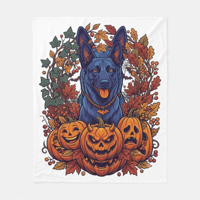 Blauer Pitbull Halloween Kürbisse Herbstlaub Flede Fleecedecke (Vorderseite)