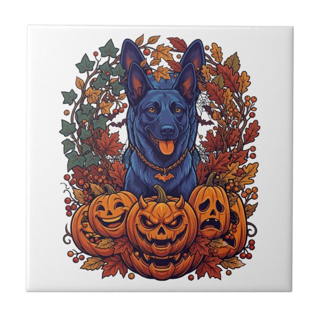 Blauer Pitbull Halloween-Kürbisse Herbstlaub Flede Fliese (Vorderseite)